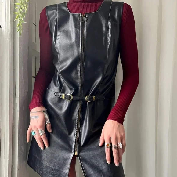 60s mod vintage leather look zip front mini shift dress small to medium - Picture 2 of 7
